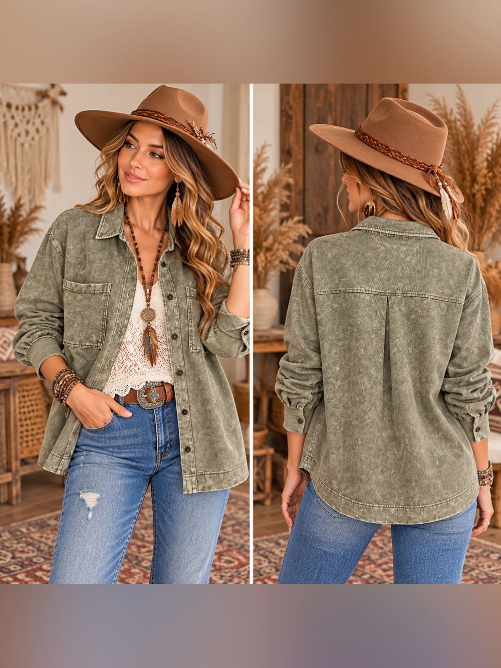 Jane and Delancey Washed Olive Button-Down Shirt Jacket